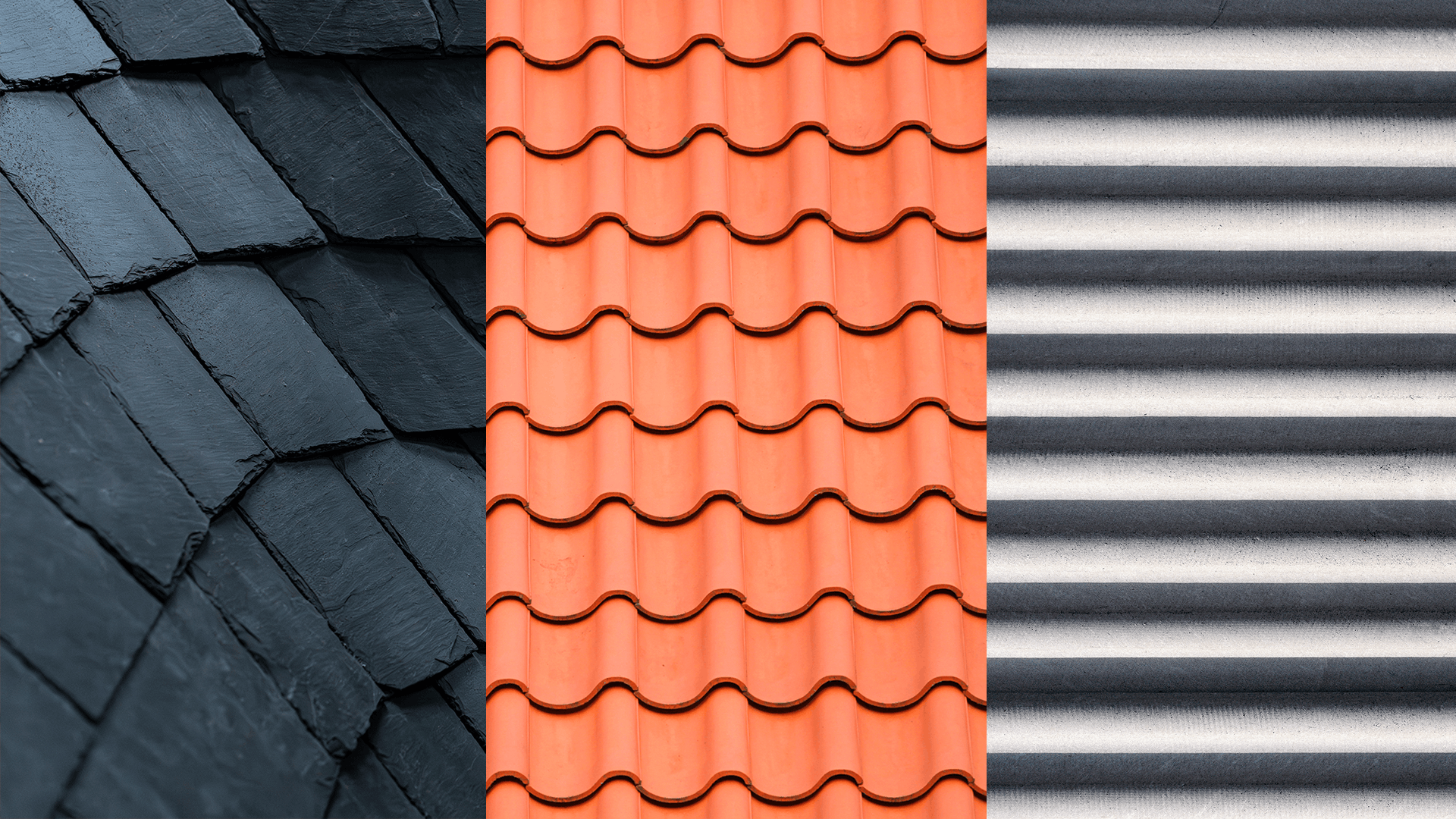 Drei Dachmaterialien nebeneinander: Schieferschuppen, Tonziegel und Faserzement-Wellplatten